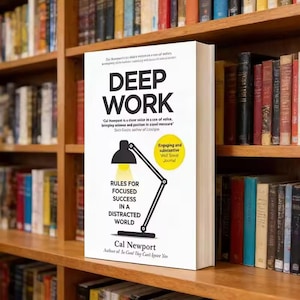 May include: A hardcover book titled "DEEP WORK" by Cal Newport is displayed on a bookshelf. The book cover features a black desk lamp illustration and the text "RULES FOR FOCUSED SUCCESS IN A DISTRACTED WORLD."