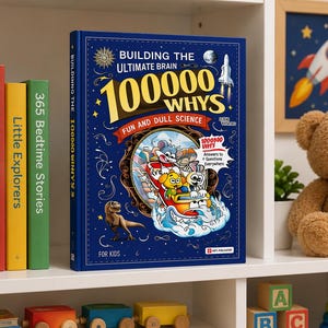 May include: A navy blue hardcover book titled "Building the Ultimate Brain 100000 Whys Fun and Dull Science" is displayed on a white shelf. Other colorful children's books and a framed rocket picture are also visible.