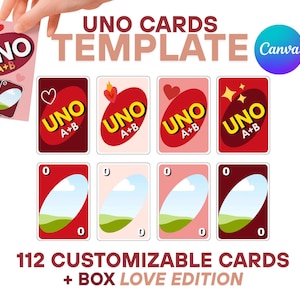 May include: A collection of UNO cards with a 'Love Edition' theme. The cards feature red and pink backgrounds with the text 'UNO A+B'. The image includes the text 'UNO CARDS TEMPLATE' and '112 CUSTOMIZABLE CARDS + BOX LOVE EDITION'.