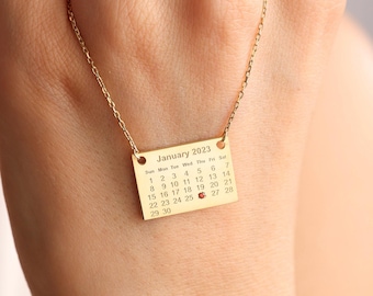 Custom Calendar Necklace with Birthstone, Personalized Mother Day Necklace, Anniversary- Birthday- Wedding Date Gift