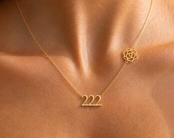 Custom Angel Number Necklace with Birth Flower , 111, 222, 333, 444, 555, 666, 777, 888 ,999, Lucky Number Necklace, Birth Flower Necklace