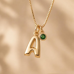 Personalized Bubble Letter Necklace with Birthstone, Gold Dainty Initial Jewelry
