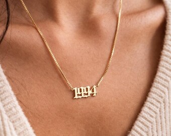 Personalized Gothic Year Necklace, Custom Birth Year Jewelry, Minimalist Gold Silver Box Chain