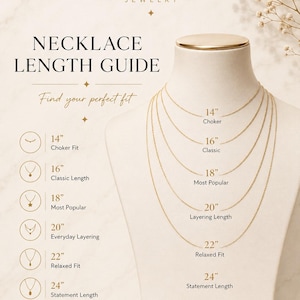 May include: A necklace length guide by Auvira Jewelry featuring a beige mannequin bust displaying six gold chains ranging from 14 to 24 inches. Text labels include Choker, Classic, Most Popular, Layering Length, Relaxed Fit, and Statement Length.