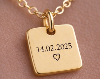 Personalized Square Date Charm Necklace, Engraved Heart Tag Pendant