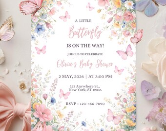 Invito per baby shower a tema farfalle, modificabile in Canva, invito rosa per bambina, una piccola farfalla sta arrivando, baby shower a tema fiori