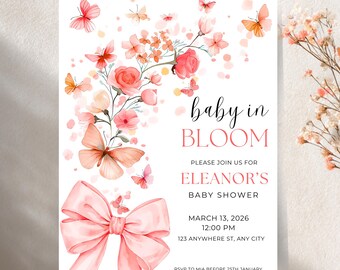 Baby in Bloom Invitation Coral Butterfly Baby Shower Invite Editable Canva Template Printable Peach Floral Boho Shower