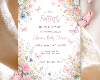 Butterfly Baby Shower Invitation Template Editable in Canva, Pink Purple Baby Girl Invite, A Little Butterfly Is On The Way
