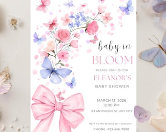 Baby in Bloom Invitation Pink Bow Baby Shower Invite Editable Canva Template Printable Floral Butterfly Girl Wildflower Baby Shower