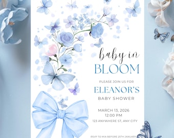 Baby in Bloom Invitation, Blue Baby Shower Invite, Boy Shower Editable Canva Template Printable, Floral Butterfly