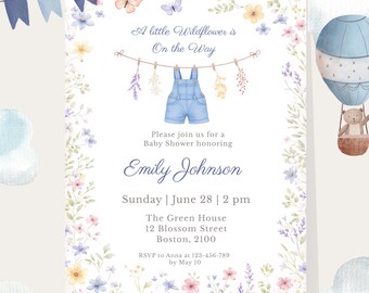 Wildflower Baby Shower Invitation, Baby Boy Baby in Bloom Invite, Blue Floral Shower Canva Template, Spring Garden Boy Shower, 5x7 Printable