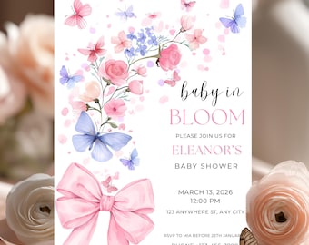 Baby in Bloom Invitation Butterfly Pink Floral Baby Shower Invite Editable Canva Template Printable Girl, Pink Bow Wildflower Baby Shower
