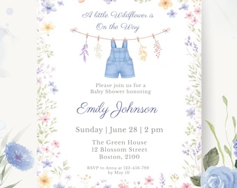 Wildflower Baby Shower Invitation Template, Blue Baby in Bloom Invite, Editable Canva Floral Baby Boy Invitation, Spring Garden Printable
