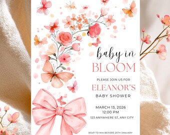 Baby in Bloom Invitation Peach Floral Butterfly Baby Shower Invite Editable Canva Template Printable Boho Shower