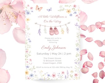 Editable Baby in Bloom Baby Shower Invitation, Wildflower Baby Girl Invite, Floral Spring Baby Shower Canva Template, Digital Download