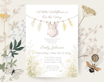 Baby in Bloom Wildflower Baby Shower Invitation, Editable Floral Canva Template, Neutral Baby Shower Invite, Printable 5x7 Download
