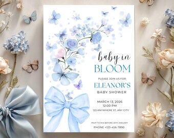 Baby in Bloom Invitation Blue Butterfly Baby Shower Invite Editable Canva Template Printable Boy Shower Floral