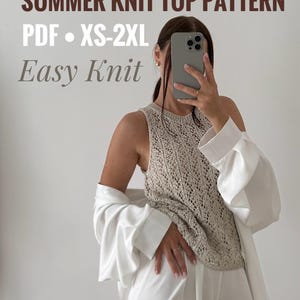 Patrón de top de punto de verano, chaleco sin mangas de encaje, patrón de punto fácil en PDF (XS-2XL)