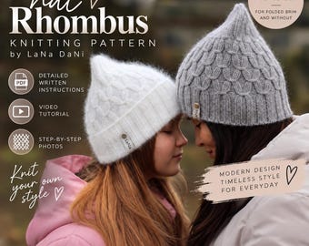 May include: A knitting pattern for a hat titled Hat Rhombus by LaNa DaNi, featuring a white and a grey knit hat with a textured rhombus pattern. The pattern includes written instructions, a video tutorial, and photos for sizes 49-60 cm.