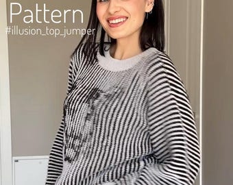 May include: A long-sleeved knit jumper featuring a black and white striped pattern with a distorted, wavy visual effect. The garment has a round neckline and ribbed cuffs. The text "Pattern #illusion_top_jumper" is visible in the upper left corner.