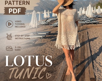 Lotus Tunic Knitting Pattern PDF, Beach Cover Up Pattern, Lace Tunic Knit Pattern, Summer Knit Top, Boho Tunic, Video Tutorial, S-2XL