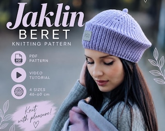 May include: A light purple knitted beret with a small top nub and a rectangular brand tag. Text on the image reads: Jaklin BERET KNITTING PATTERN, PDF PATTERN, VIDEO TUTORIAL, 4 SIZES 46-60 cm, Knit with pleasure!, LaNa DaNi.