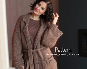 May include: A brown knitted cardigan coat with long sleeves, a wide collar, and a tie belt at the waist. The garment features two front pockets and a textured knit finish. The text Pattern #CARDI_COAT_BYLANA is visible on the right side of the image.