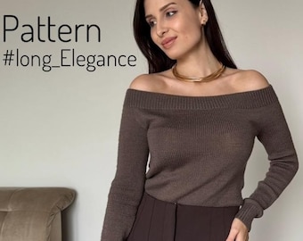 May include: A brown off-the-shoulder long-sleeve knit sweater with a ribbed neckline and cuffs, paired with dark brown trousers. The image includes the text Pattern #long_Elegance. A gold-toned multi-strand necklace and a wide gold-toned cuff bracelet.