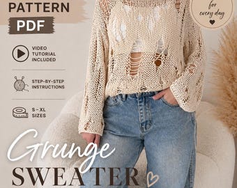 Patrón de punto para suéter grunge en PDF, patrón de jersey de punto desgastado, suéter con hombros caídos, tutorial para jersey oversize, tallas S-XL