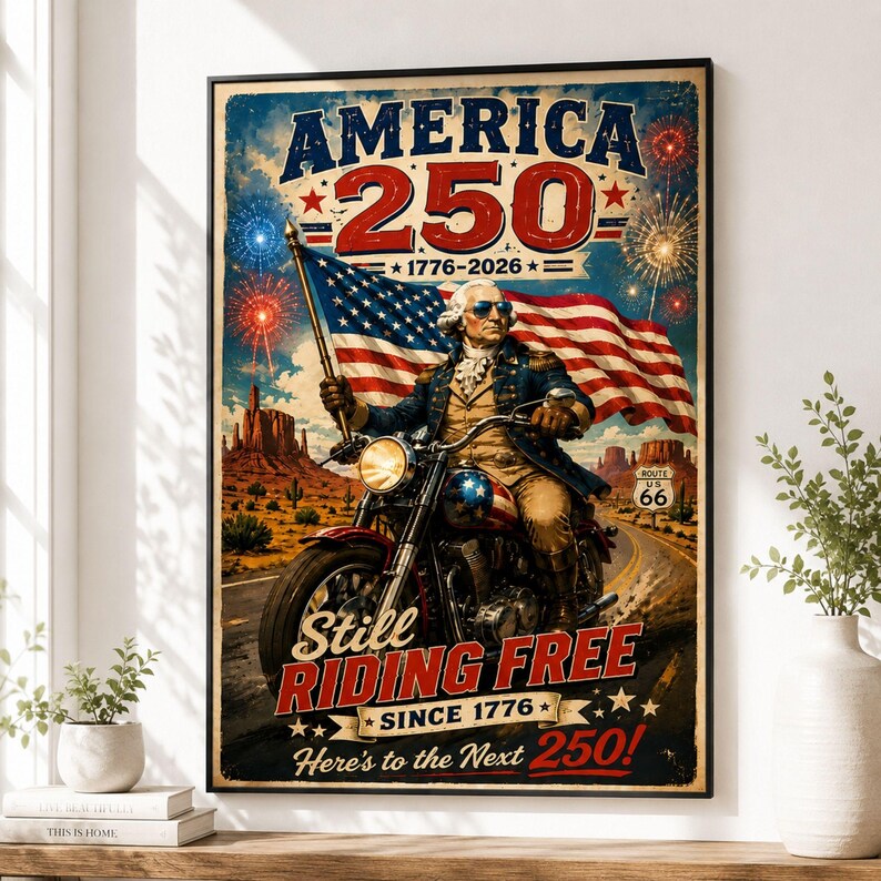 America 250 Riding Free Poster, George Washington Motorcycle Wall Art ...