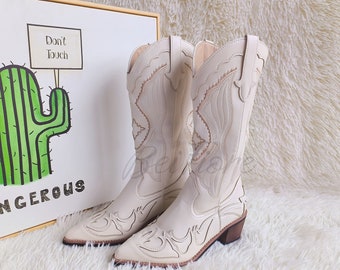 White Cowboy Boots, Embroidery Cowgirl Boots, Vintage Cowboy Boots Woman, White Western Boots Woman, Leather Boots