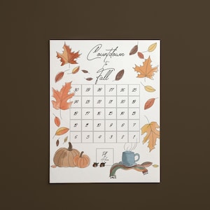 Könnte beinhalten: Ein rechteckiger Druck mit braunem Hintergrund zeigt einen Countdown-Kalender bis zum Herbst. Der Kalender hat ein Raster mit Zahlen, Kürbissen, Blättern, einer Tasse und dem Text "Countdown to Fall". Das Kunstwerk ist in Orange-, Braun- und Blautönen gehalten.