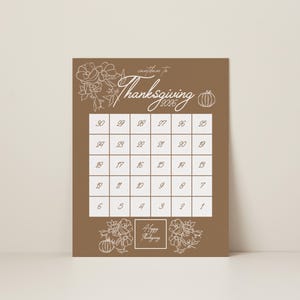 Höstpumpadekortryck 2026, brunvit blommig minimalistisk höstnedladdning, 30-dagars nedräkning till Thanksgiving, julkalender