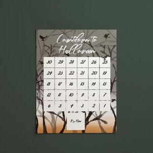 Spooky Halloween 30 Day Count Down, Creepy Haunted Forest Tracker, Trees and Crows Fall Countdown, Black and Orange Holiday Advent Calendar
