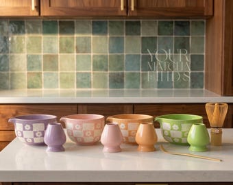 Matcha-set met geruite bloemen, keramische matchakom met gardehouder - Matcha-cadeauset, Japanse theekom, Chawan Bowl, leuke matcha-set