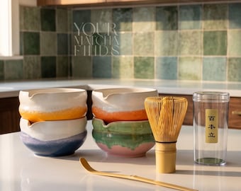 Japanse matcha-set, chawan-kom + houder garde, kleurrijke keramische matcha-set, matcha-cadeauset, theeceremonieset, aanpasbare kleuren