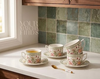 Bloemen theekop en schotel set van 3, keramische kopjesset botanische tuin, cottagecore theekopje cadeau, vintage koffiekop met schotel