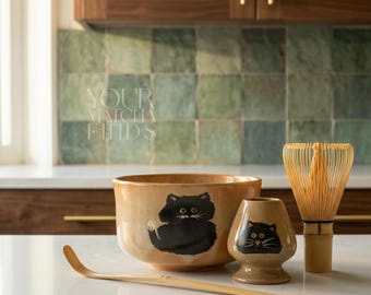 Cat Matcha-set, Black Cat Chawan-kom met bamboegarde — Leuke matcha-set, kattenliefhebbercadeau, kawaii-theeset, Japanse matcha-komset