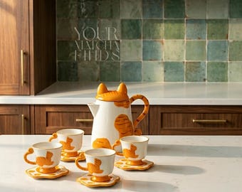 Kattentheeset, keramische theepot met kop en schotels, cadeau schattig kattenliefhebber, kawaii-theeset voor vrouwen, esthetiek kitty koffie-theeservies