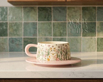 Lucky Cat keramische mok en schotelset, bloemen Maneki Neko-kop, Cottagecore Matcha-mok, cadeau kattenliefhebber, esthetische theekopset, botanische mok