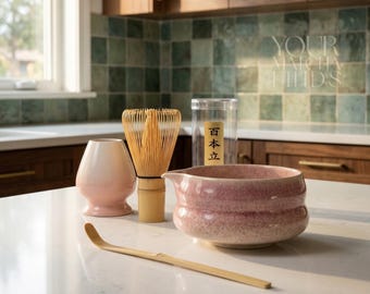 Matcha-set 4 delar, rosa keramisk matchaskål med visphållare, bambu-chasen, matchaskopa - japanskt te-presentset