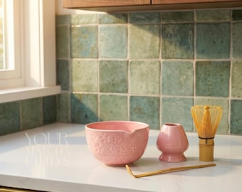Matcha-theeset keramiek, roze matcha-komset, Japanse theeceremonieset, bamboegardeset, minimalistisch theecadeau