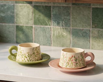 Bloemen keramische kop en schotel set, botanische mok cadeau voor haar, Cottagecore-theekop, koffiemok wilde bloemen, Moederdagcadeau
