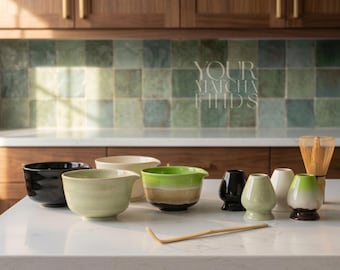 Matcha kom met tuitset, Japanse matcha-set, keramische chawan met schenktuit, bamboegardeset, matcha-startcadeau