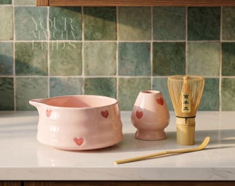 Matcha-theeset keramische roze kom, Japanse matcha-set, bamboegarde en houder, esthetische theeceremoniekit, cadeau voor matcha-liefhebber