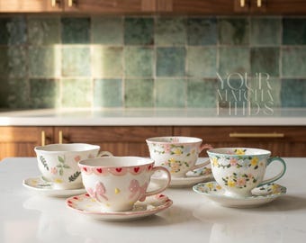 Cottagecore keramische theekop en schotelset, coquette strik theekopje, bloemen theekop cadeau, kopje botanisch porselein, vintage esthetische theeset