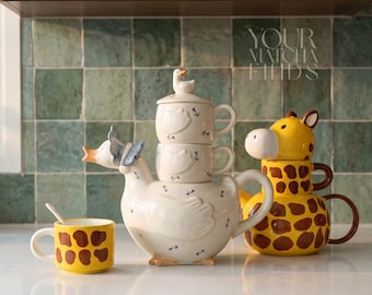 Giraffe Ceramic Tea Set, Animal Teapot with Cups, Cute Kawaii Tea Pot Set, Quirky Kitchen Gift, Safari Tea Set, Novelty Teapot Gift for Her