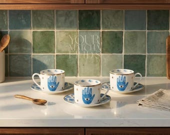 Boze oog theekop en schotel set, surrealistische keramische koffiekop, hamsahandtheeset, hemels housewarmingcadeau, maximalistisch interieuraccent