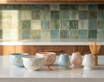 Matcha-komset keramiek, Chawan-theeset, Japanse matcha-set, pastelkleurige theekommen, gardehouder, cadeau theeliefhebber