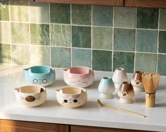 Matcha-komset kat, kawaii keramische matcha-set, Chawan-theeset, matcha-gardehouder, leuke theecadeauset